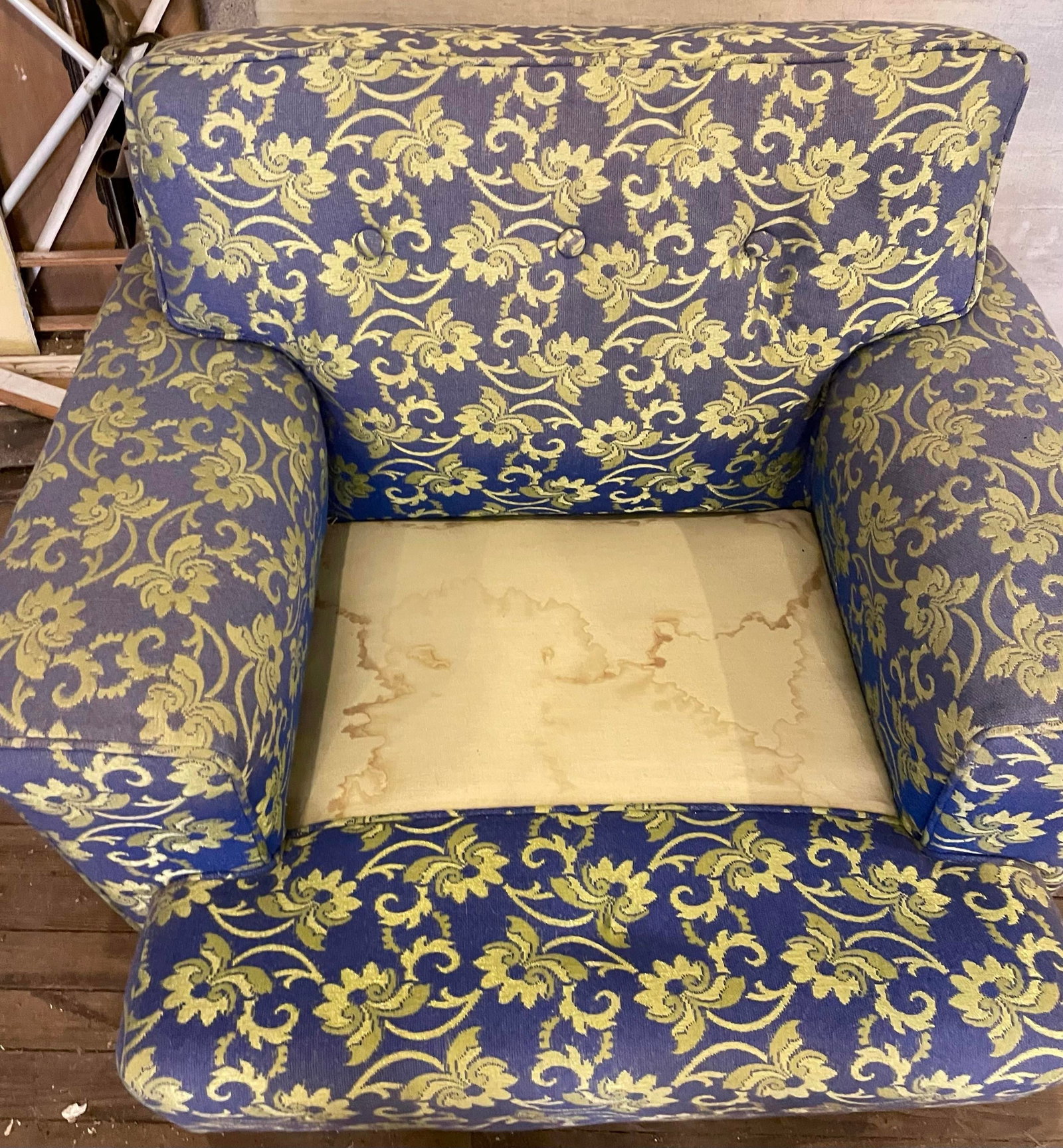 Mid 20th Century Blue Shiny & Matt Lime Green Floral Upholstery Club Lounge Chair - 5