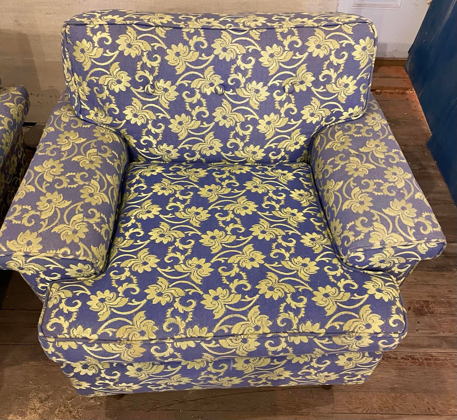 Mid 20th Century Blue Shiny & Matt Lime Green Floral Upholstery Club Lounge Chair - 8