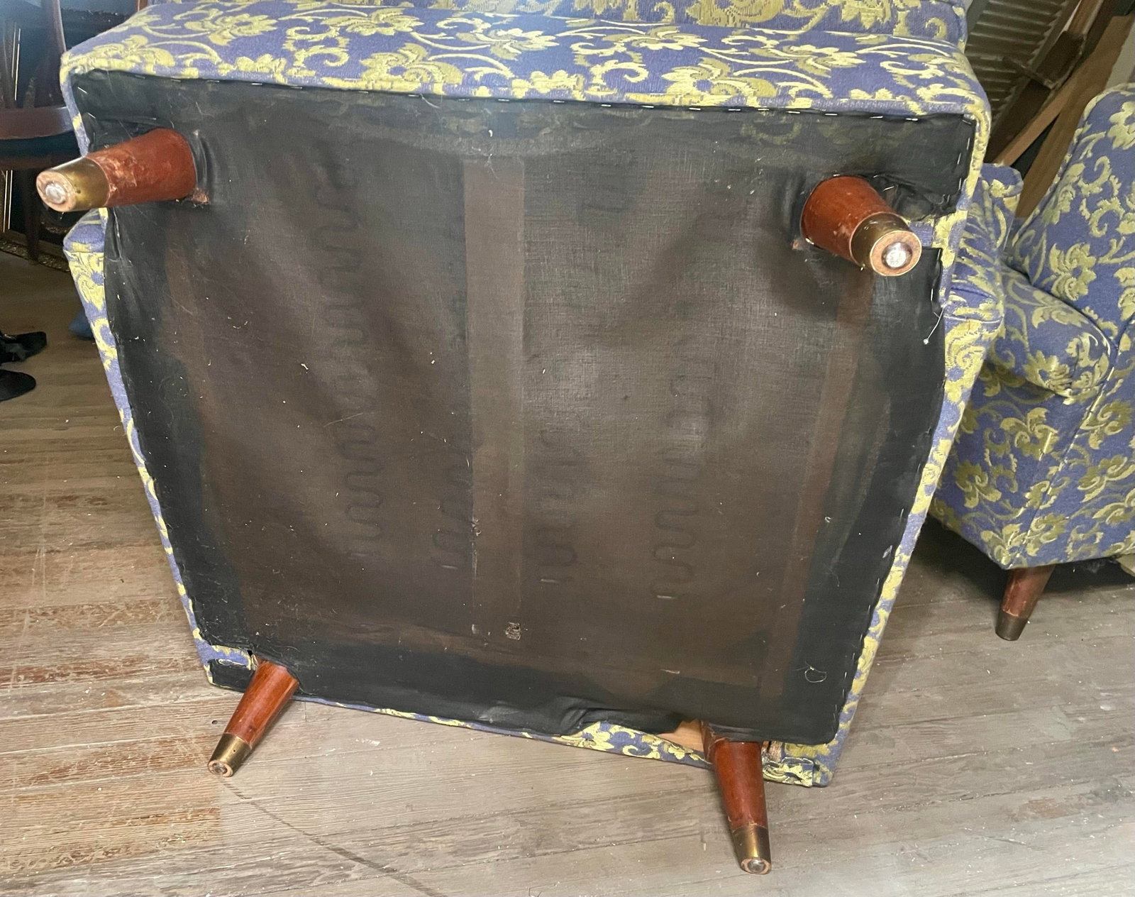 Mid 20th Century Blue Shiny & Matt Lime Green Floral Upholstery Club Lounge Chair - 9