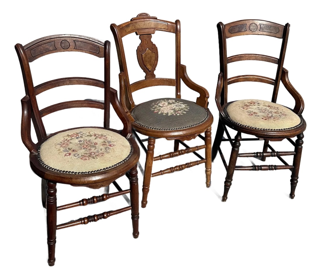 Set of 3 Antique 19th Century Needlepoint Chairs (1 of 12)