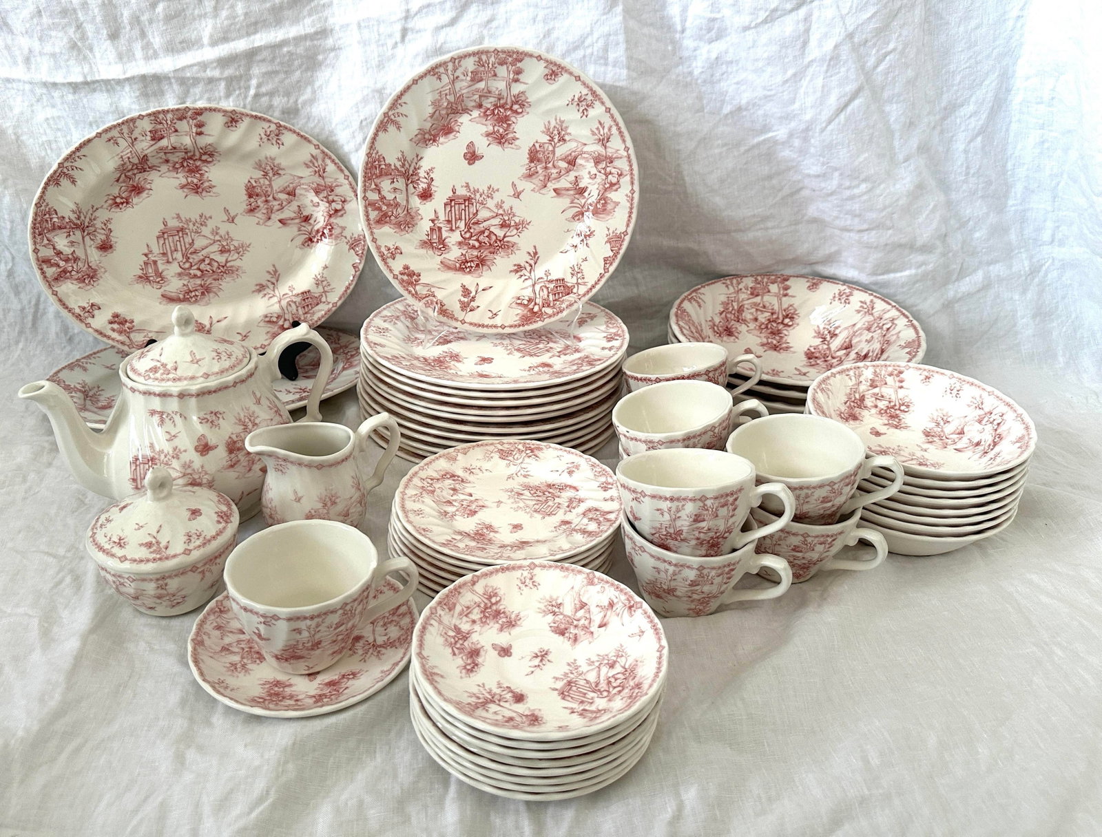 Vintage Shabby Chic Queens "Chelsea Toile" Pink Dinnerware Set of 53 - 10