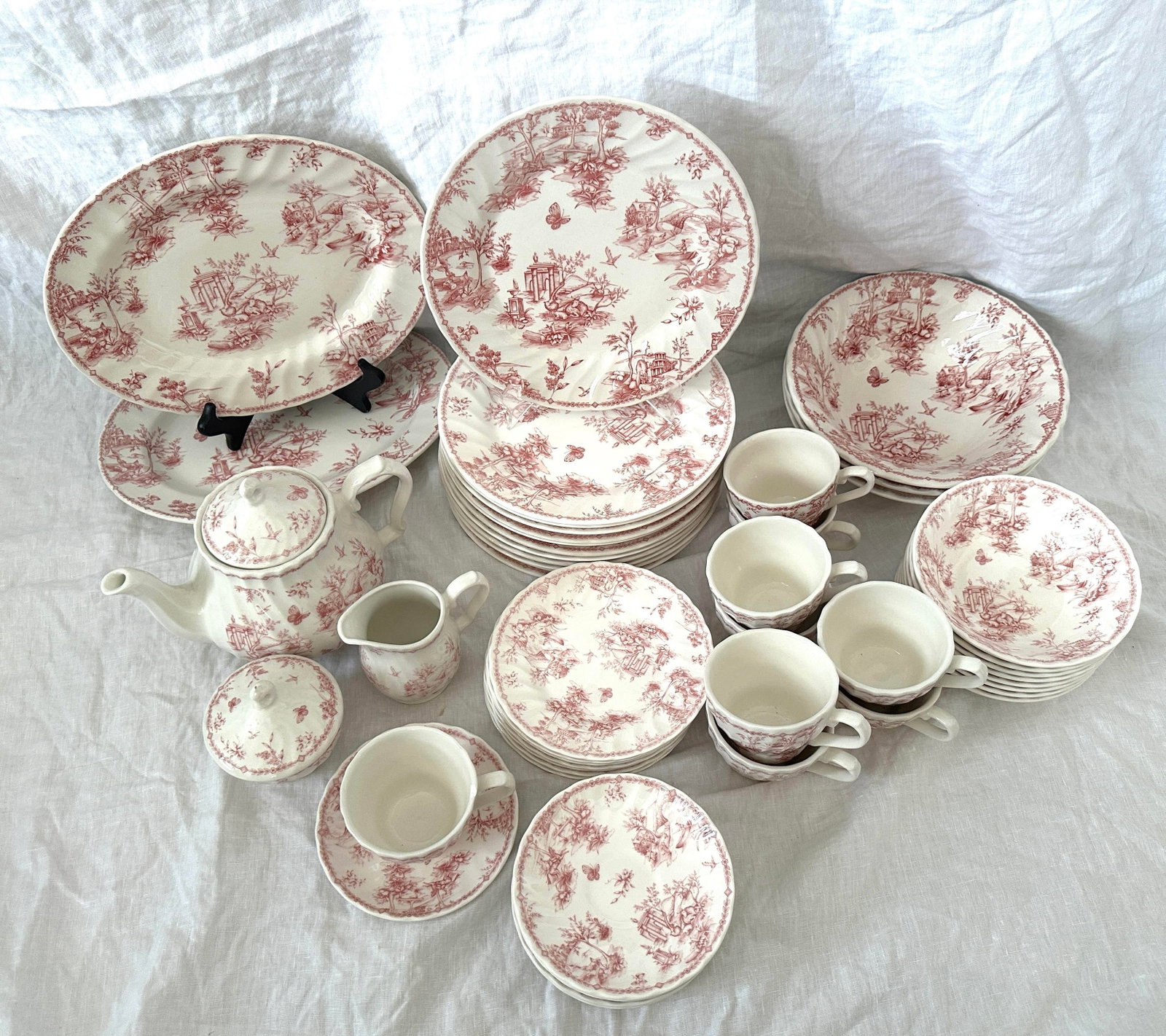 Vintage Shabby Chic Queens "Chelsea Toile" Pink Dinnerware Set of 53 - 12