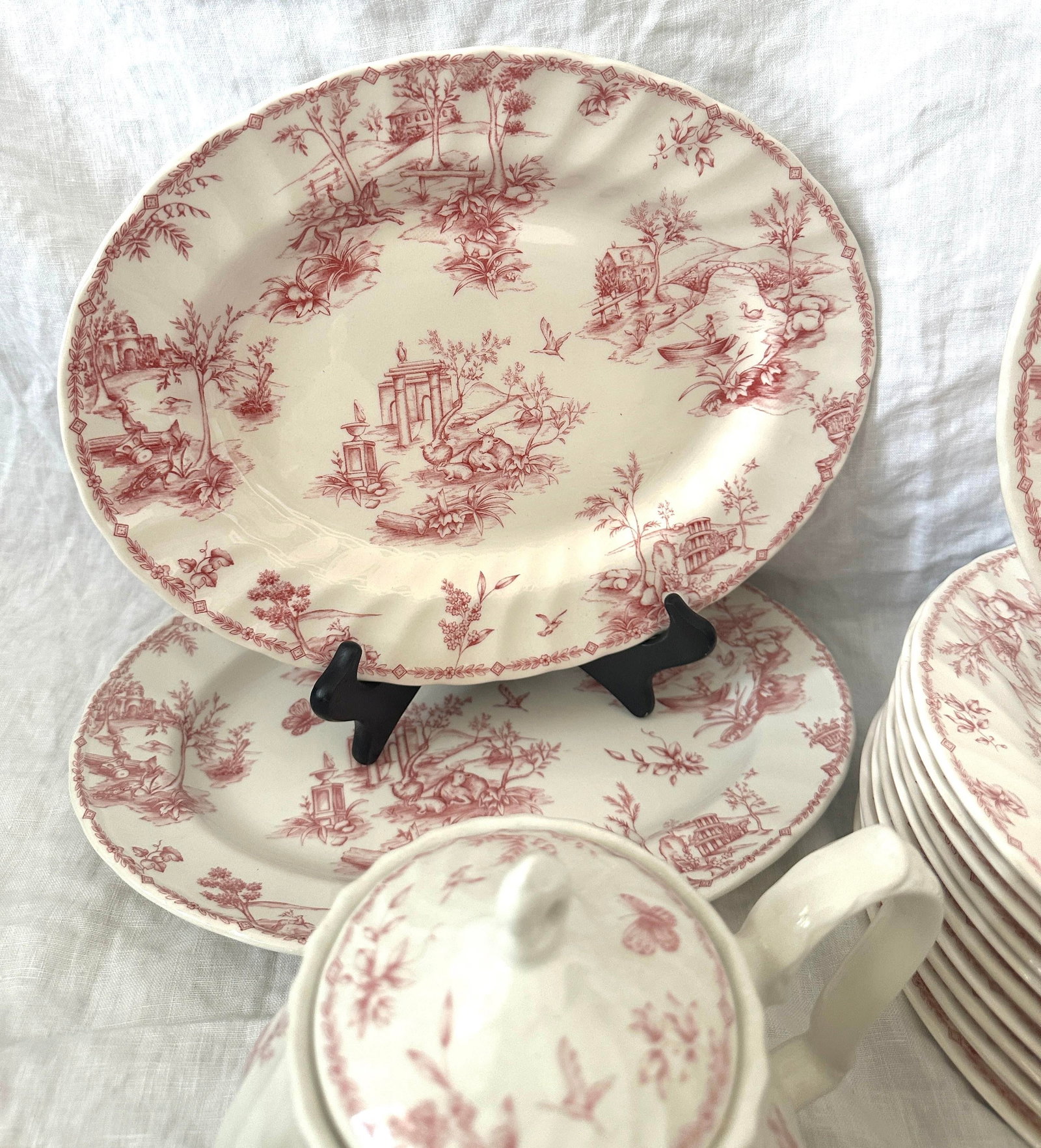 Vintage Shabby Chic Queens "Chelsea Toile" Pink Dinnerware Set of 53 - 2