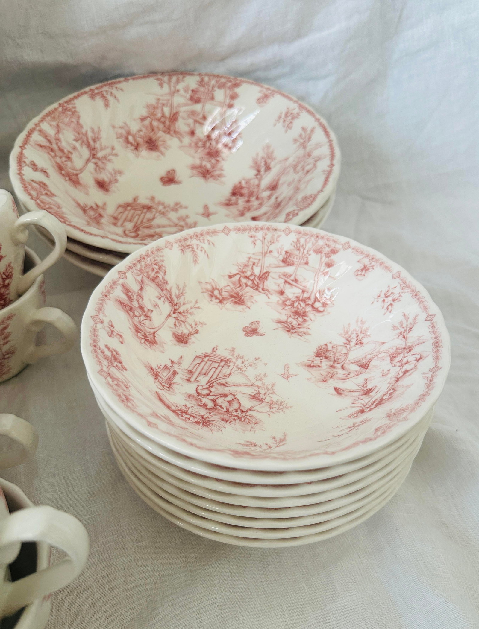 Vintage Shabby Chic Queens "Chelsea Toile" Pink Dinnerware Set of 53 - 4