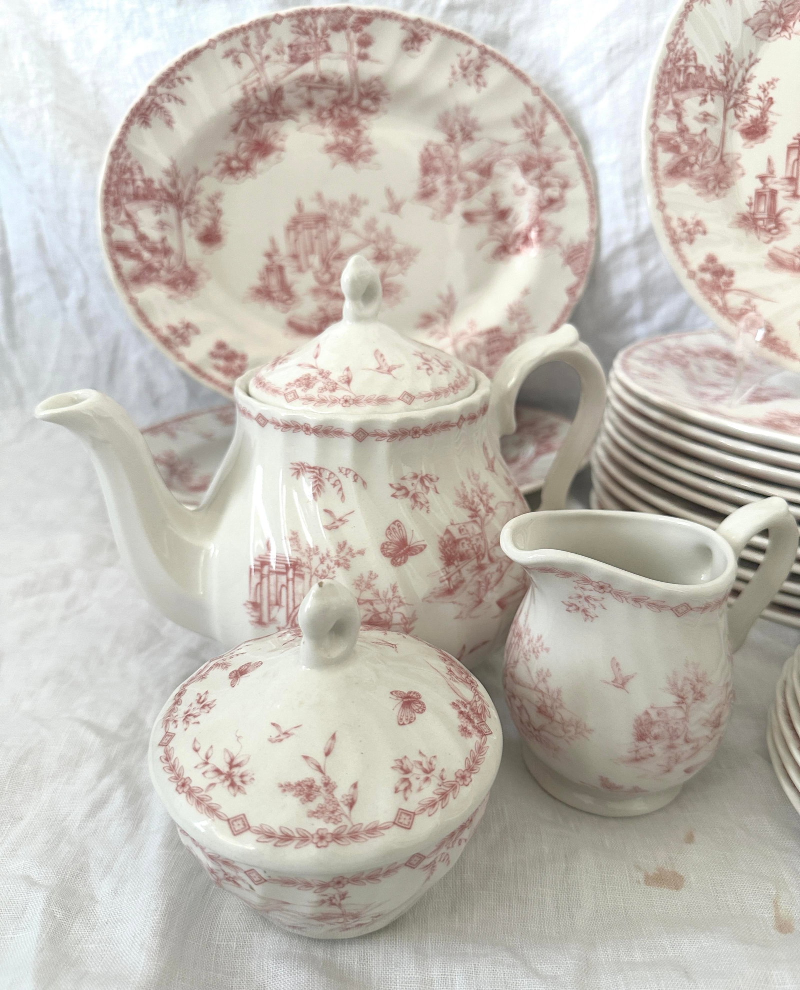 Vintage Shabby Chic Queens "Chelsea Toile" Pink Dinnerware Set of 53 - 5