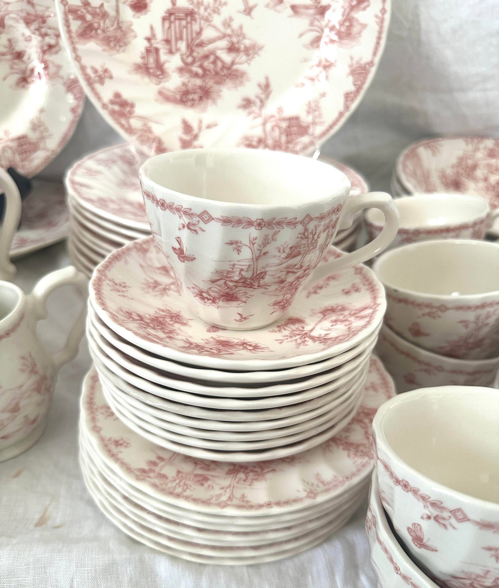 Vintage Shabby Chic Queens "Chelsea Toile" Pink Dinnerware Set of 53 - 6