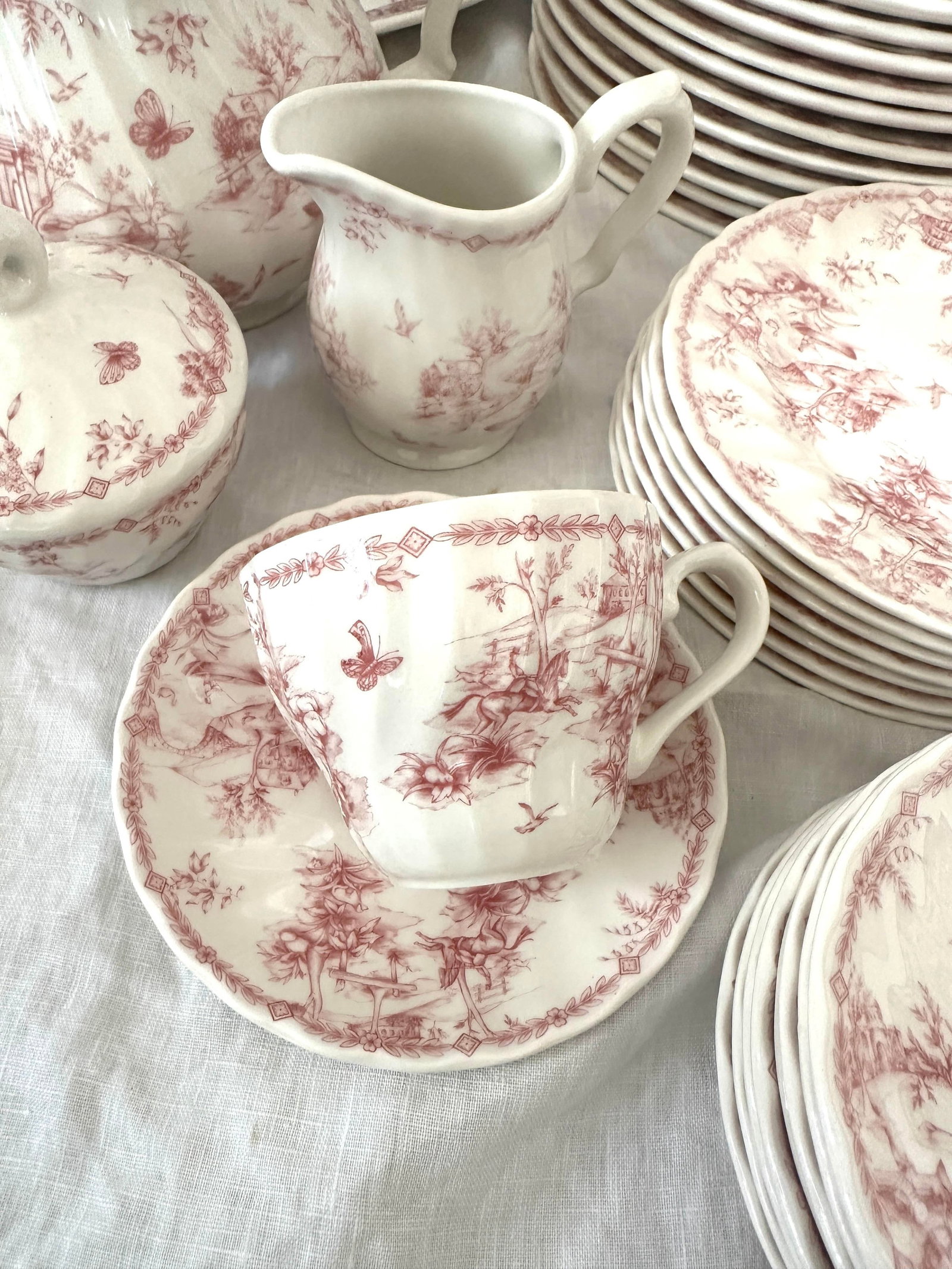 Vintage Shabby Chic Queens "Chelsea Toile" Pink Dinnerware Set of 53 - 7