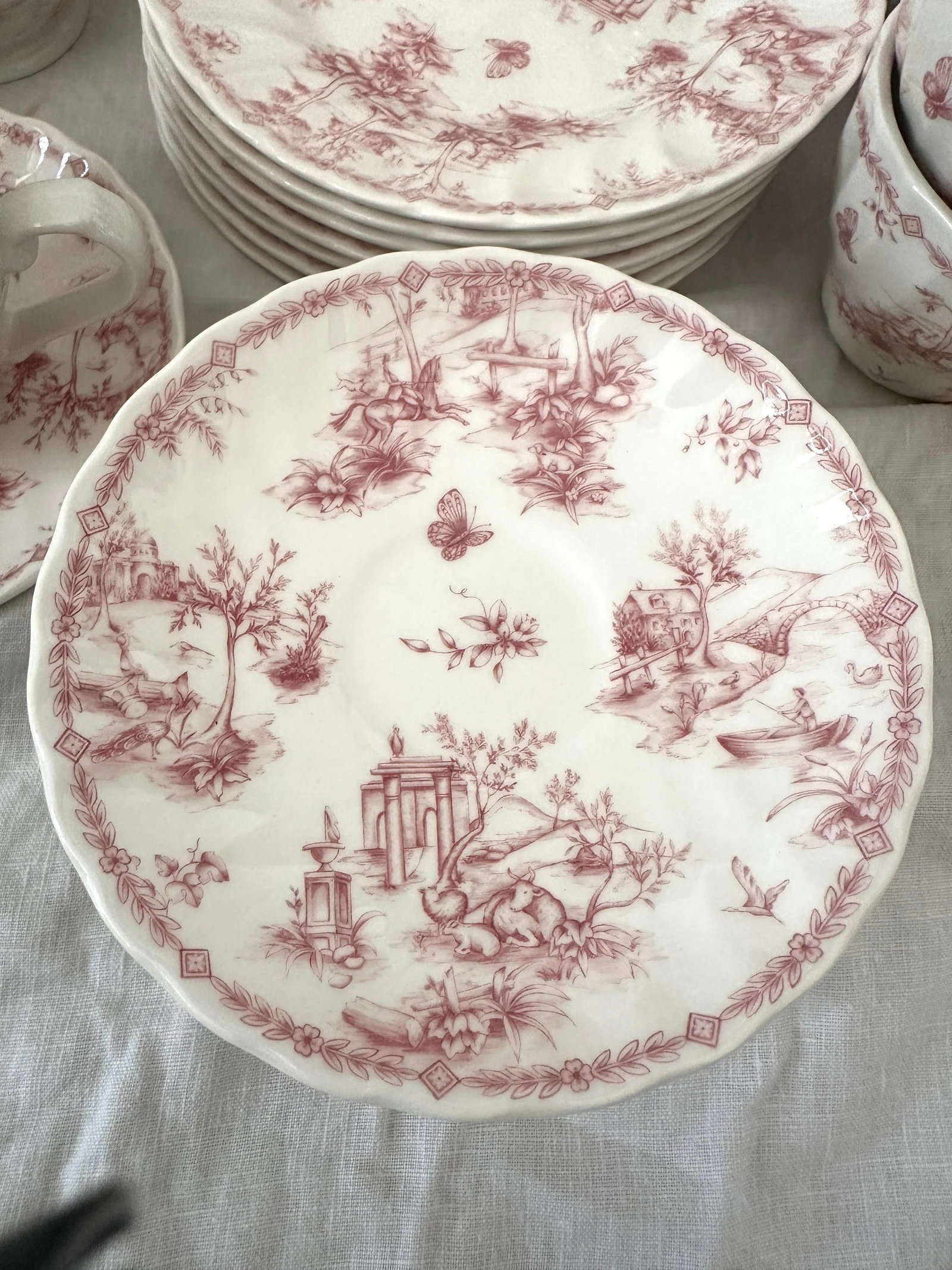 Vintage Shabby Chic Queens "Chelsea Toile" Pink Dinnerware Set of 53 - 8