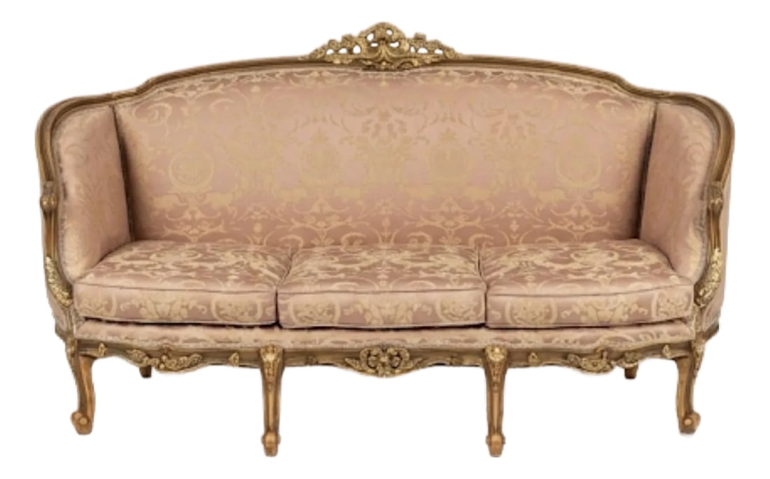 1960s French Style Settee Gold Leaf Loveseat Sofa (1 of 5)