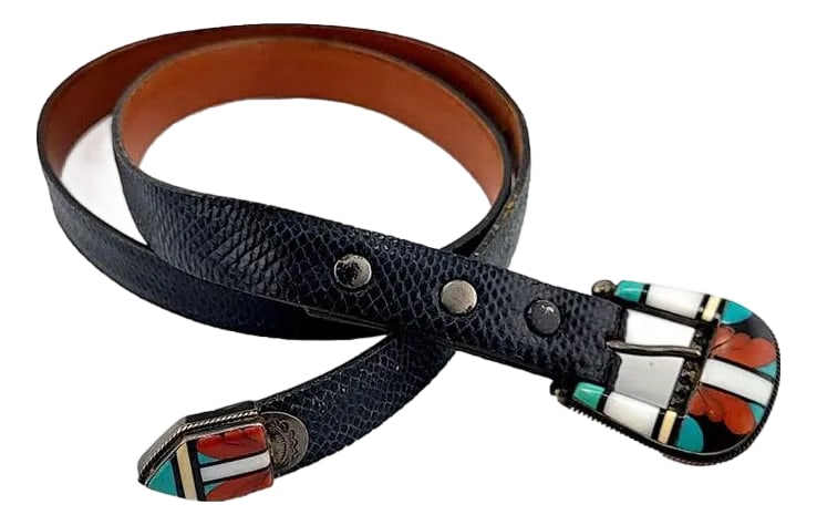 Rare Native American Zuni C & D Cooche Cooeyate Signed Inlay Sterling 2 Pc Ranger Lizard Belt: Rare Native American Zuni Zuni Pueblo C & D Cooche Cooeyate signed inlay & sterling 2 piece set Ranger attached to a belt constructed of Lizard and laminated or stitched onto a cowhide backing for