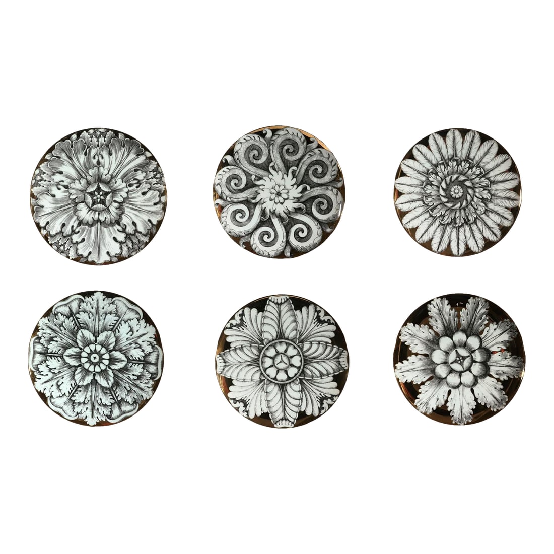 Rosoni Pattern Piero Fornasetti Porcelain Plates, a Numbered Set of Six: Botanical Grandeur: Piero Fornasetti's Rosoni Plates, Circa 1970-80s This is a stunning vintage set of six Piero Fornasetti "Rosoni" (Rosette) pattern porcelain plates, dating from the 1980s. Each