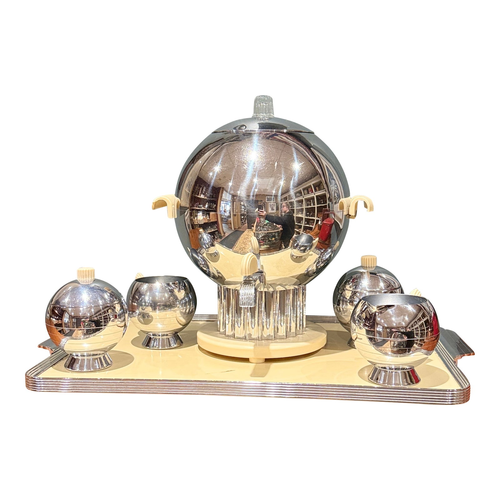 Vintage Art Deco Walter Von Nessen for Chase Coffee Service c.1938 = Set of 6: Striking and highly collectible 1938 Coronet coffee set designed by Walter Von Nessen for Chase Brass and Copper Co., New York. This iconic Art Deco set is a standout example of streamlined modern