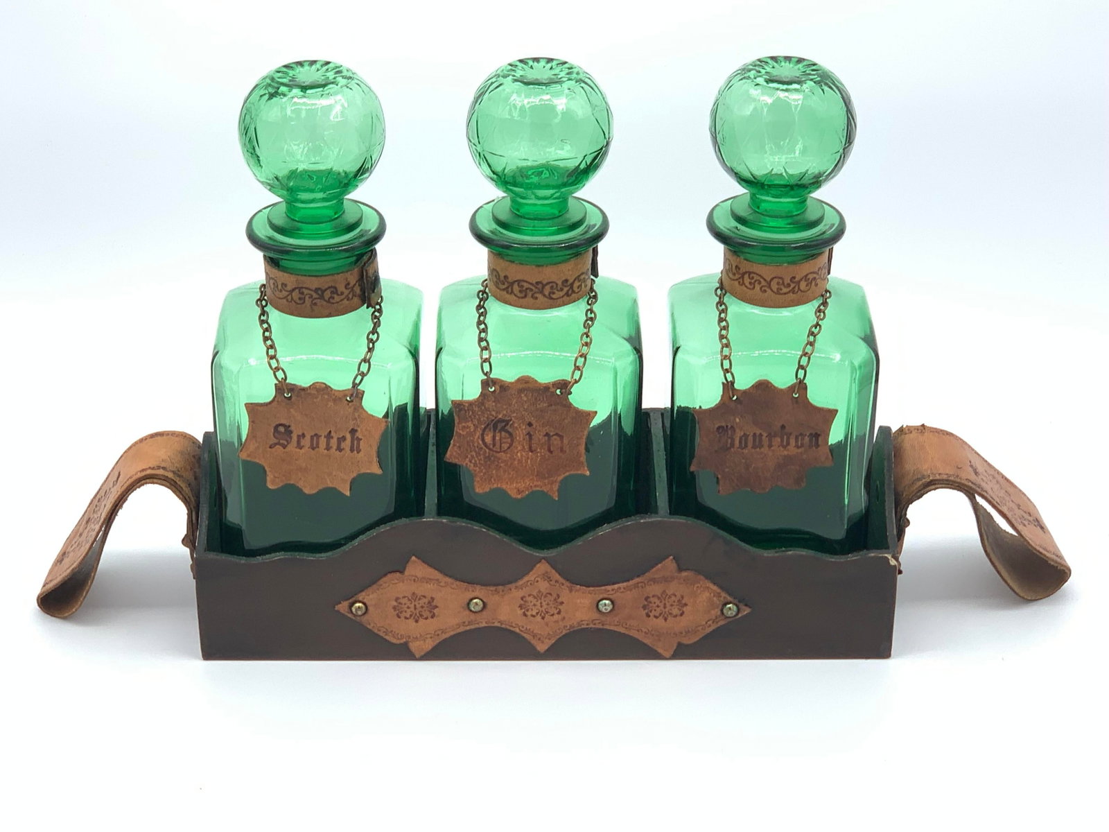 1960s Mid-Century Modern Emerald Empoli Green Decanter Set - 4 pcs - 11