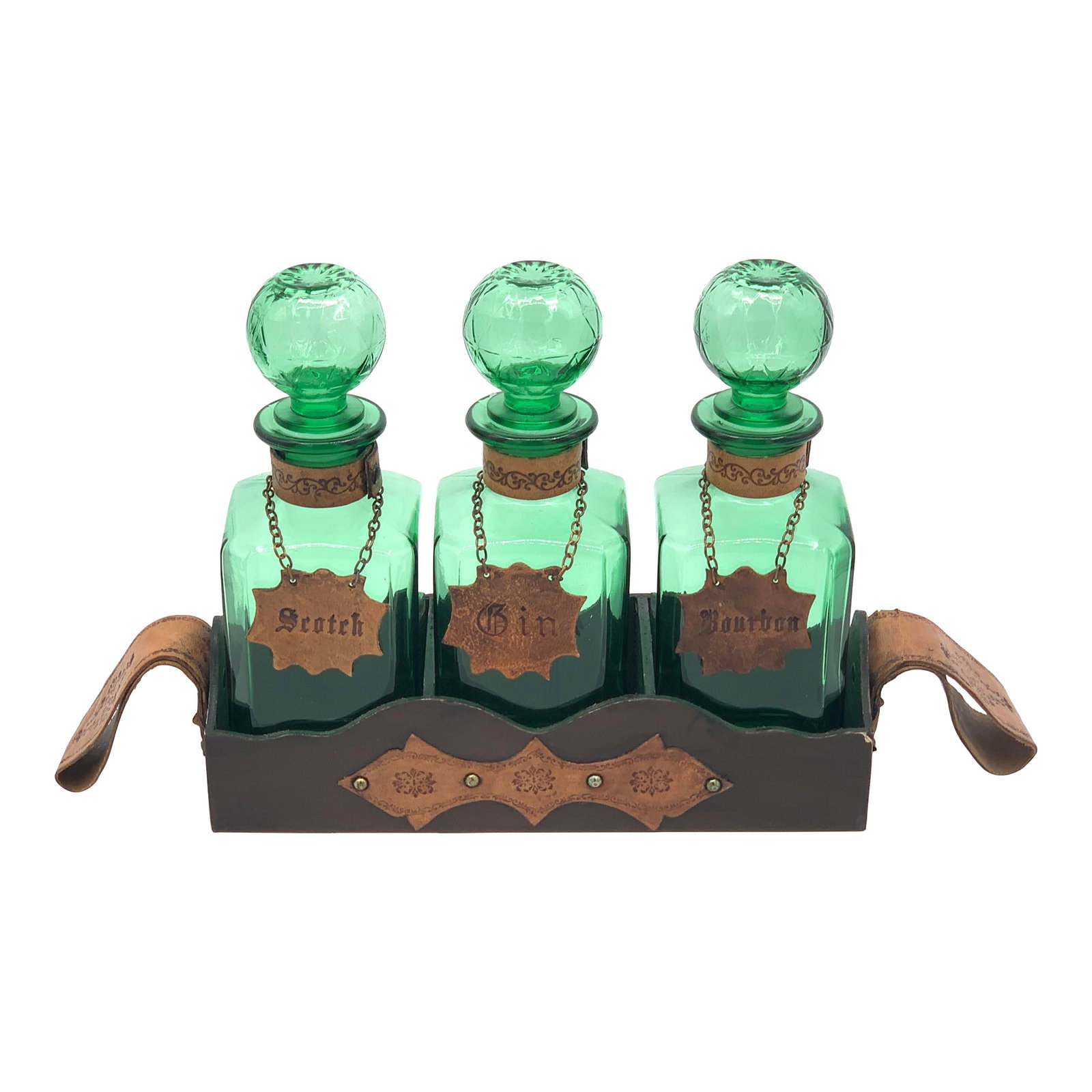 1960s Mid-Century Modern Emerald Empoli Green Decanter Set - 4 pcs: Add a touch of vintage charm to your home with this stunning Mid-Century Modern (MCM) Empoli emerald green decanter set! This 1960's set features a rich, vibrant emerald green hue that is