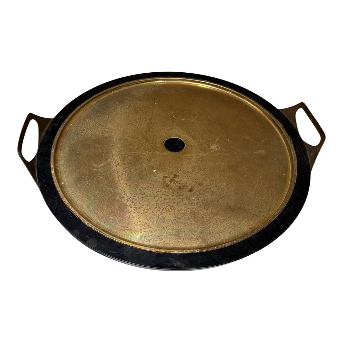 Mid-Century Modern Casserole Server Service Tray Hollywood Regency: For your consideration, a vintage Mid-Century Modern casserole server or service tray, likely made of brass-toned metal with a black rim. Unmarked, no label present from the maker. Features a round