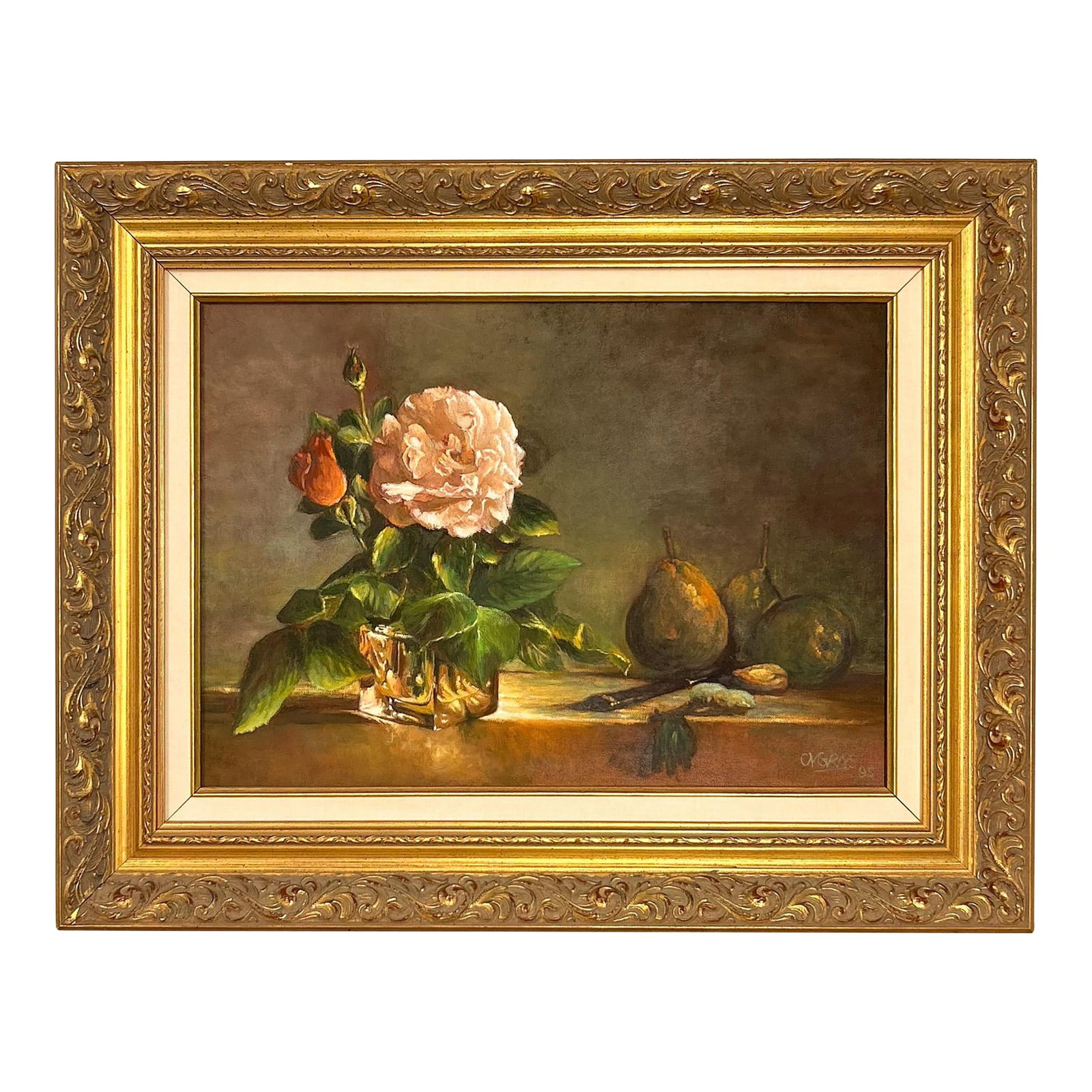 Vintage Still Life in Oil: Mid-century French still life oil painting featuring a delicate pink rose, ripe pears, and rich, earthy tones. Set in an ornate gilt frame, this piece exudes timeless elegance and classic European