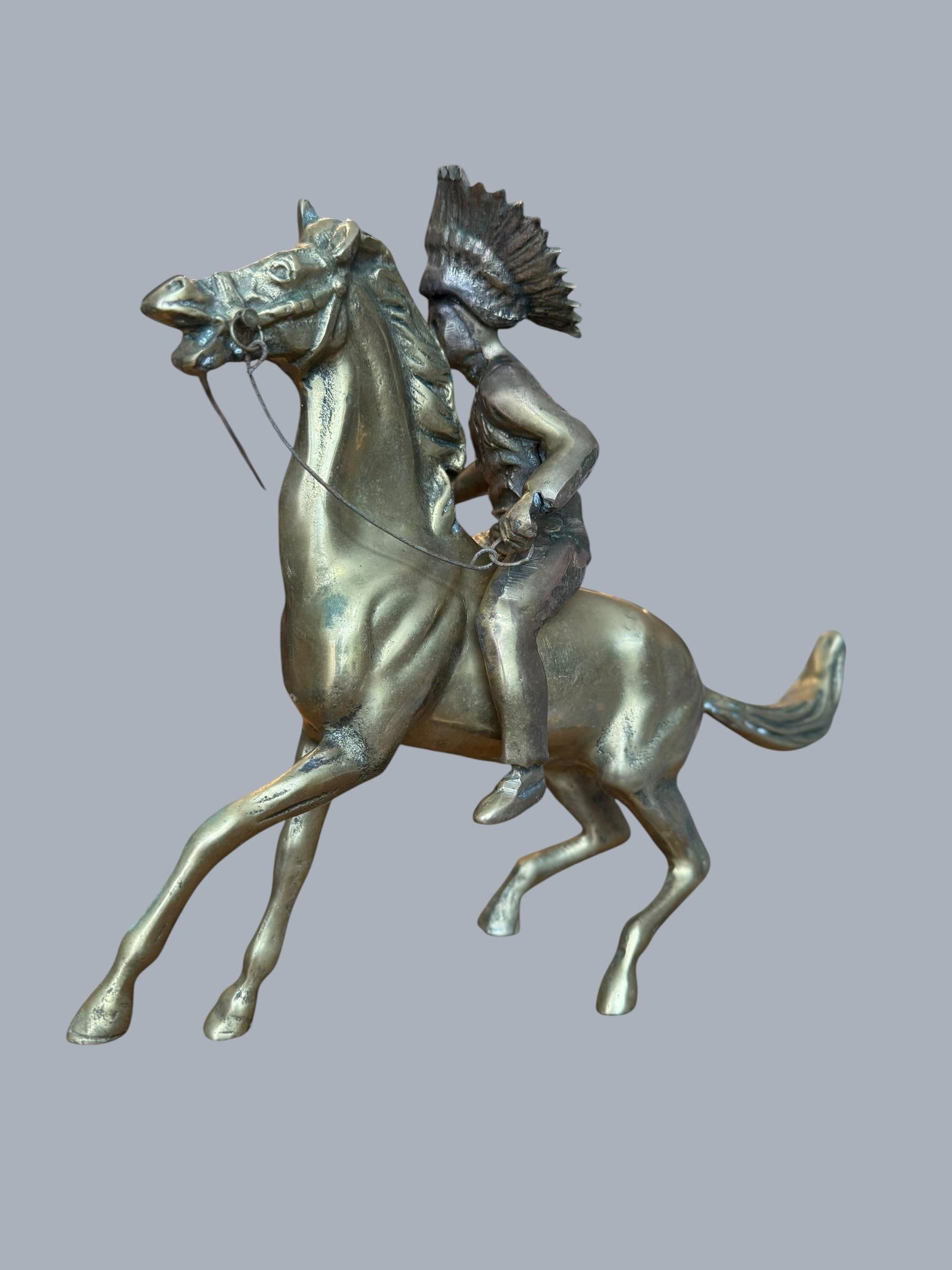 1960s Brass Sculpture Native American Chief Running Horse Figurine - 10