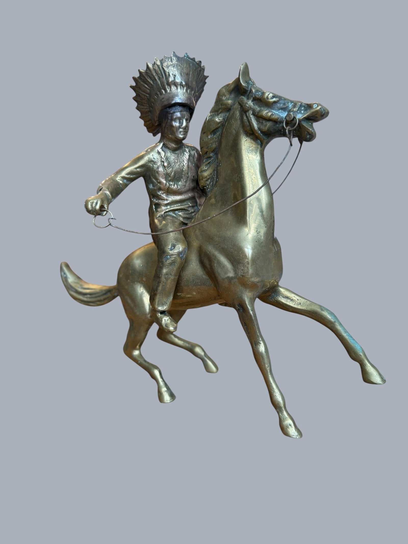 1960s Brass Sculpture Native American Chief Running Horse Figurine - 11
