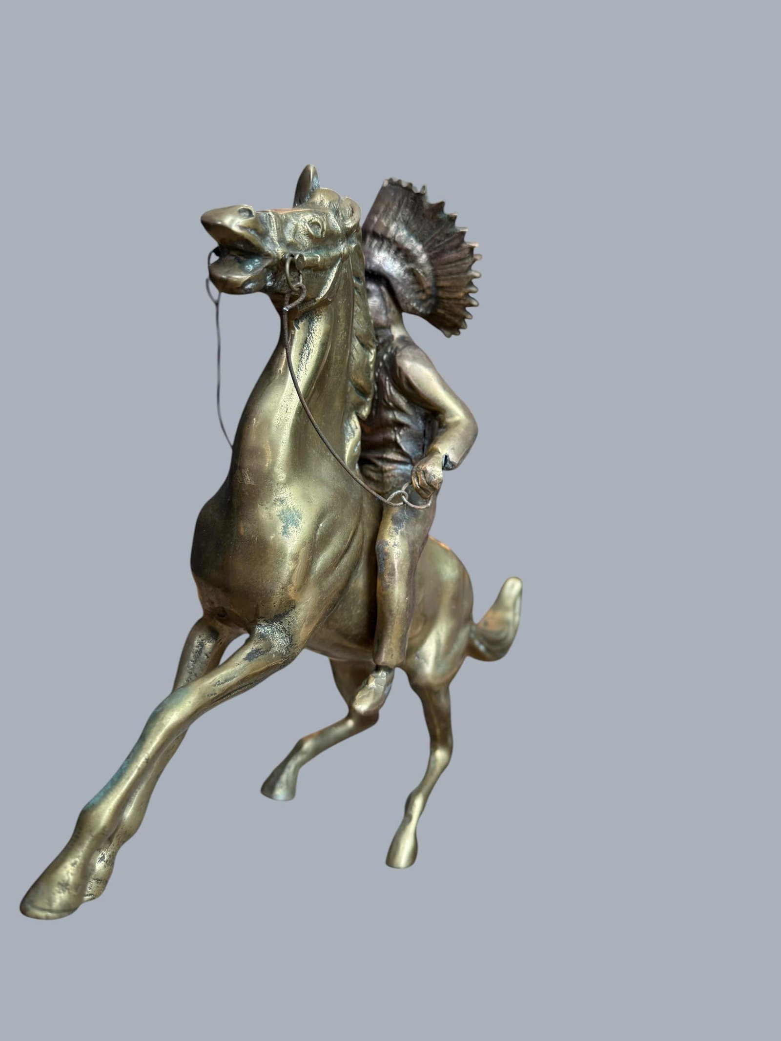 1960s Brass Sculpture Native American Chief Running Horse Figurine - 12