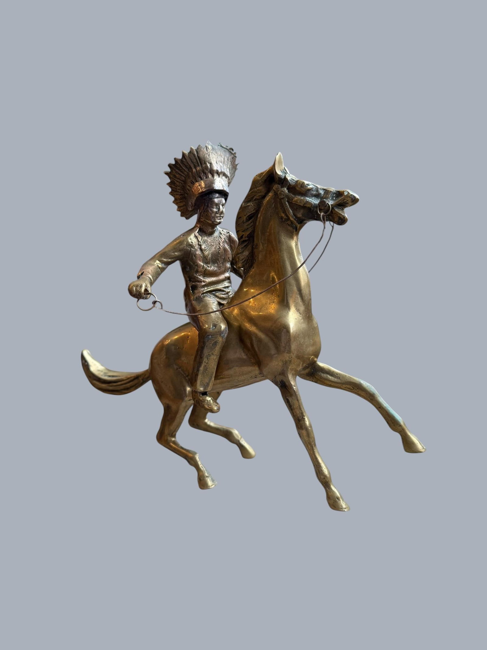 1960s Brass Sculpture Native American Chief Running Horse Figurine - 14