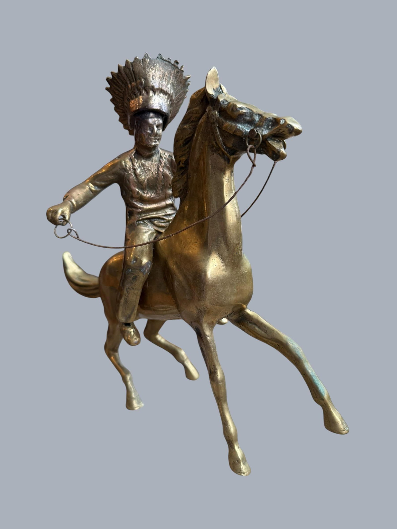 1960s Brass Sculpture Native American Chief Running Horse Figurine - 2