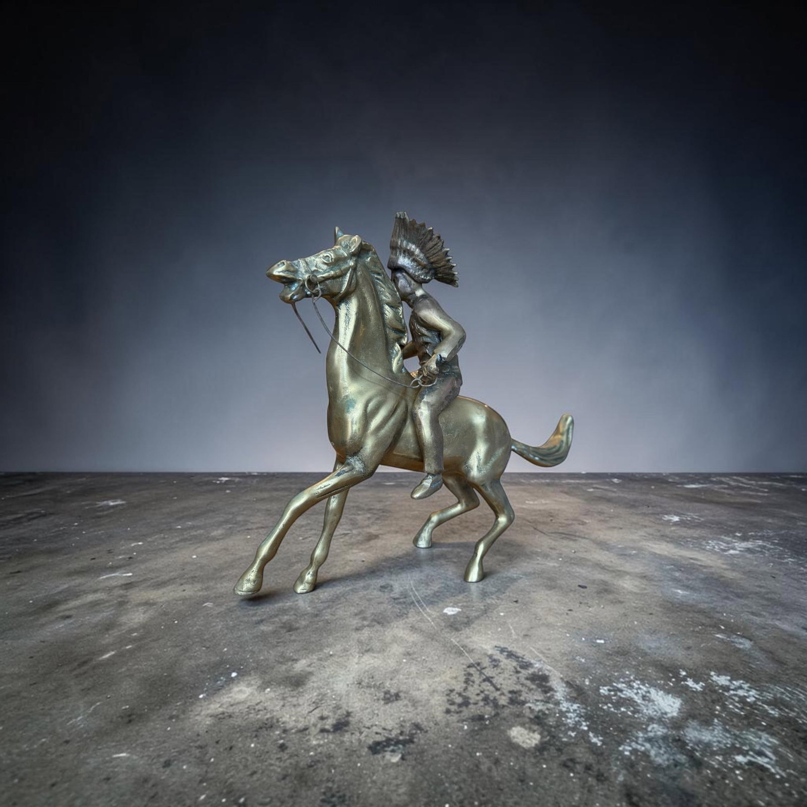 1960s Brass Sculpture Native American Chief Running Horse Figurine - 4