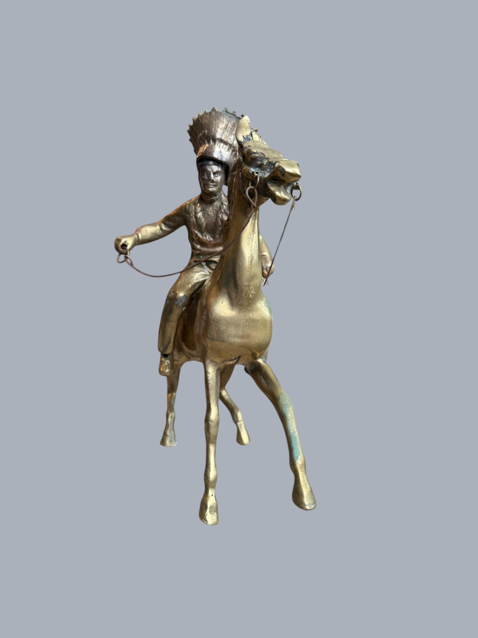 1960s Brass Sculpture Native American Chief Running Horse Figurine - 9