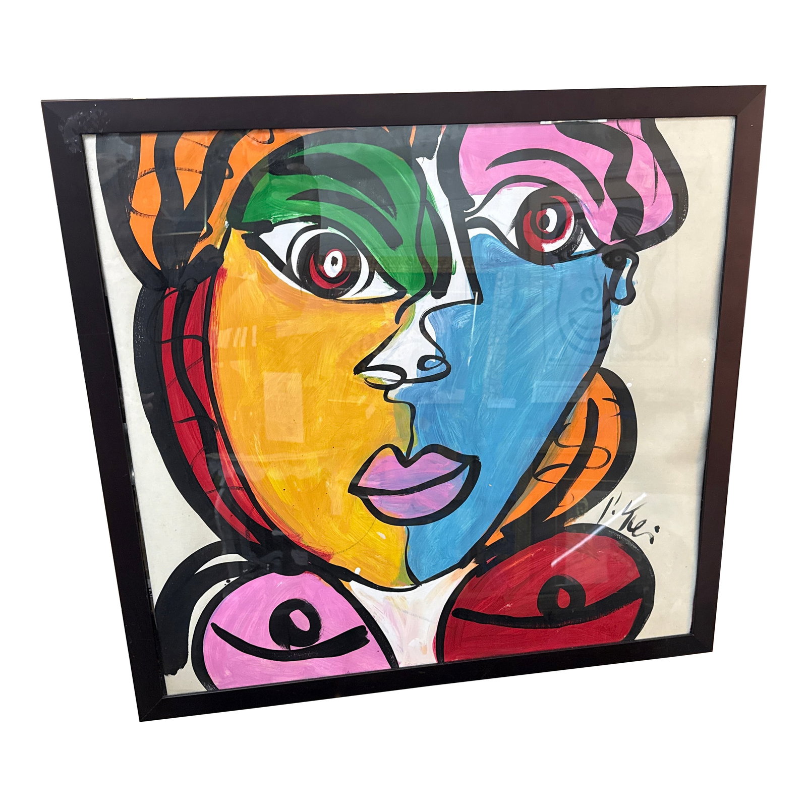 1970s Peter Keil Abstract Picasso Cubist Painting: Fantastic Original Peter Keil (born 1942) Abstract Cubist Painting. This wonderful piece depicts a cubist picasso esque colorful face in oil. Beautifully framed ready to hang in black metal frame.