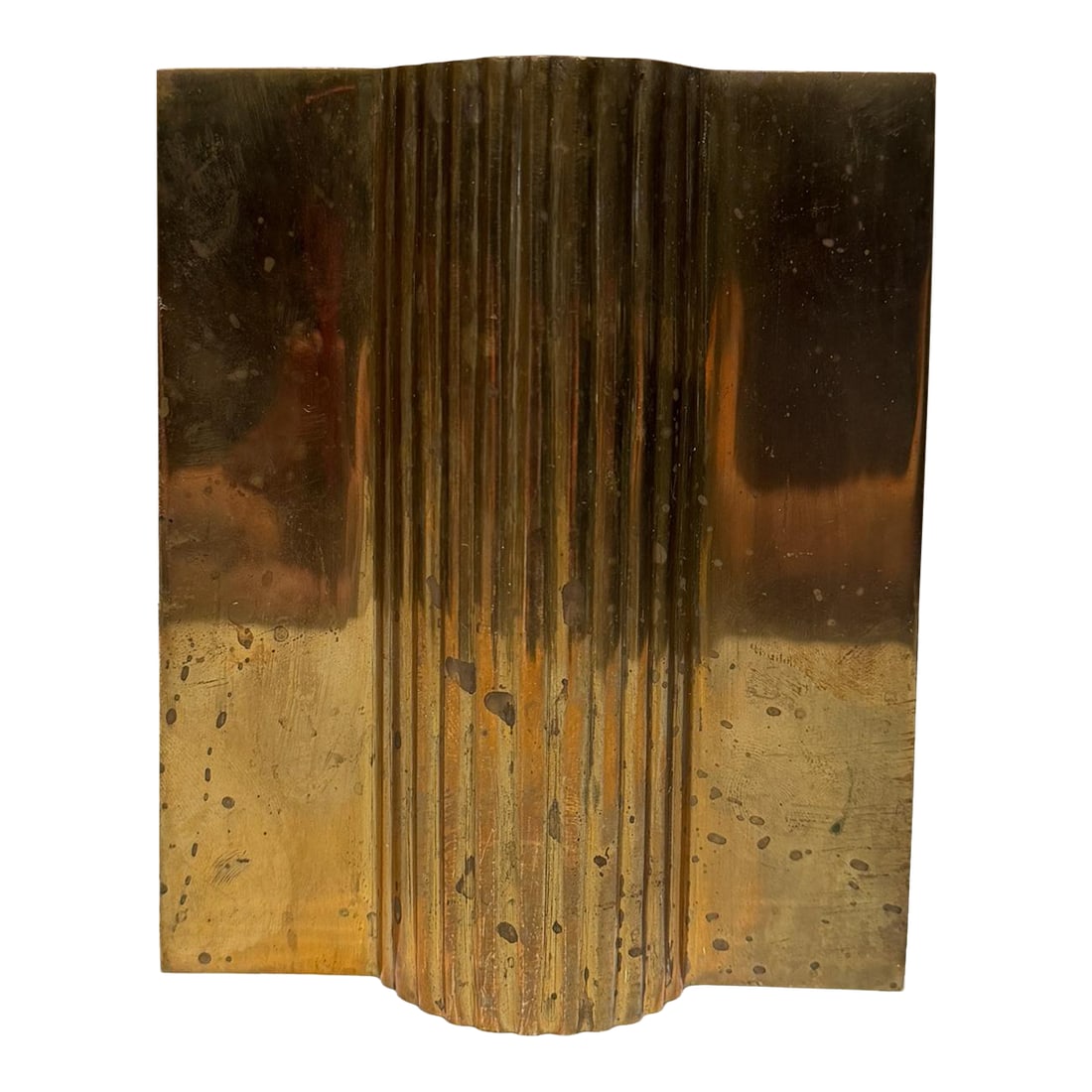 Mid-Century Modern Sculptural Ribbed Vase Object Eduardo Paolozzi Attr: For your consideration, a mid-century modern sculptural object, likely a brass bookend or decorative sculpture vase featuring sharp geometric edges and vertical ribbed textures. Solid brass or metal