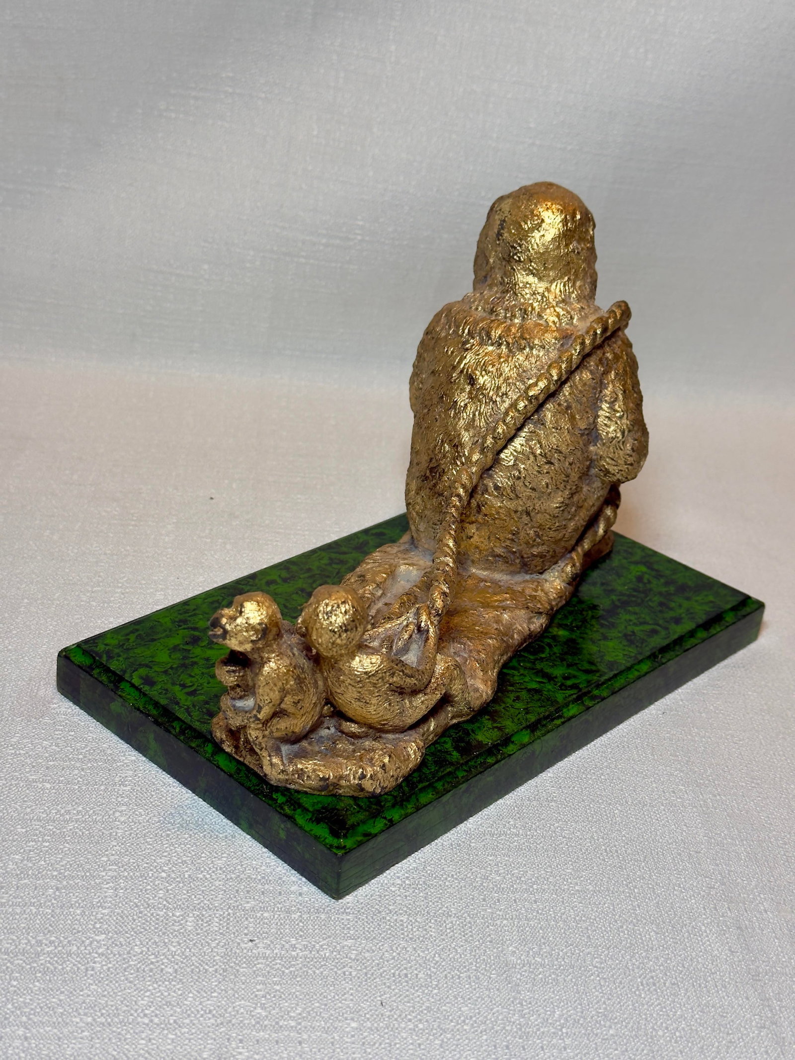 Mid Century "Monkey Business" Hand Gilt Faux Malachite Paper Weight / Card Holder Newly Painted - 10