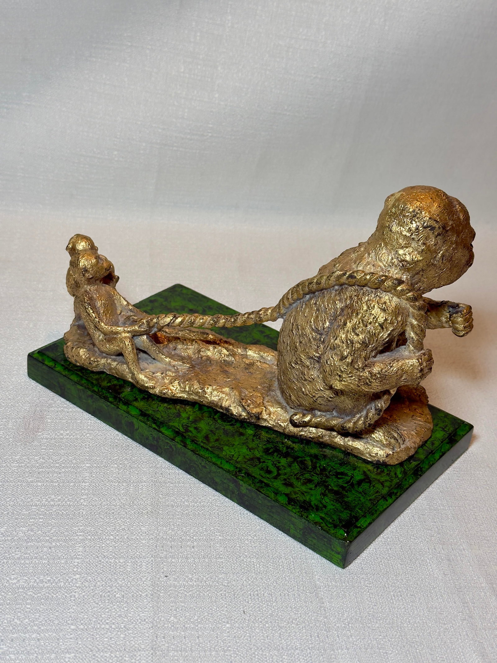 Mid Century "Monkey Business" Hand Gilt Faux Malachite Paper Weight / Card Holder Newly Painted - 11