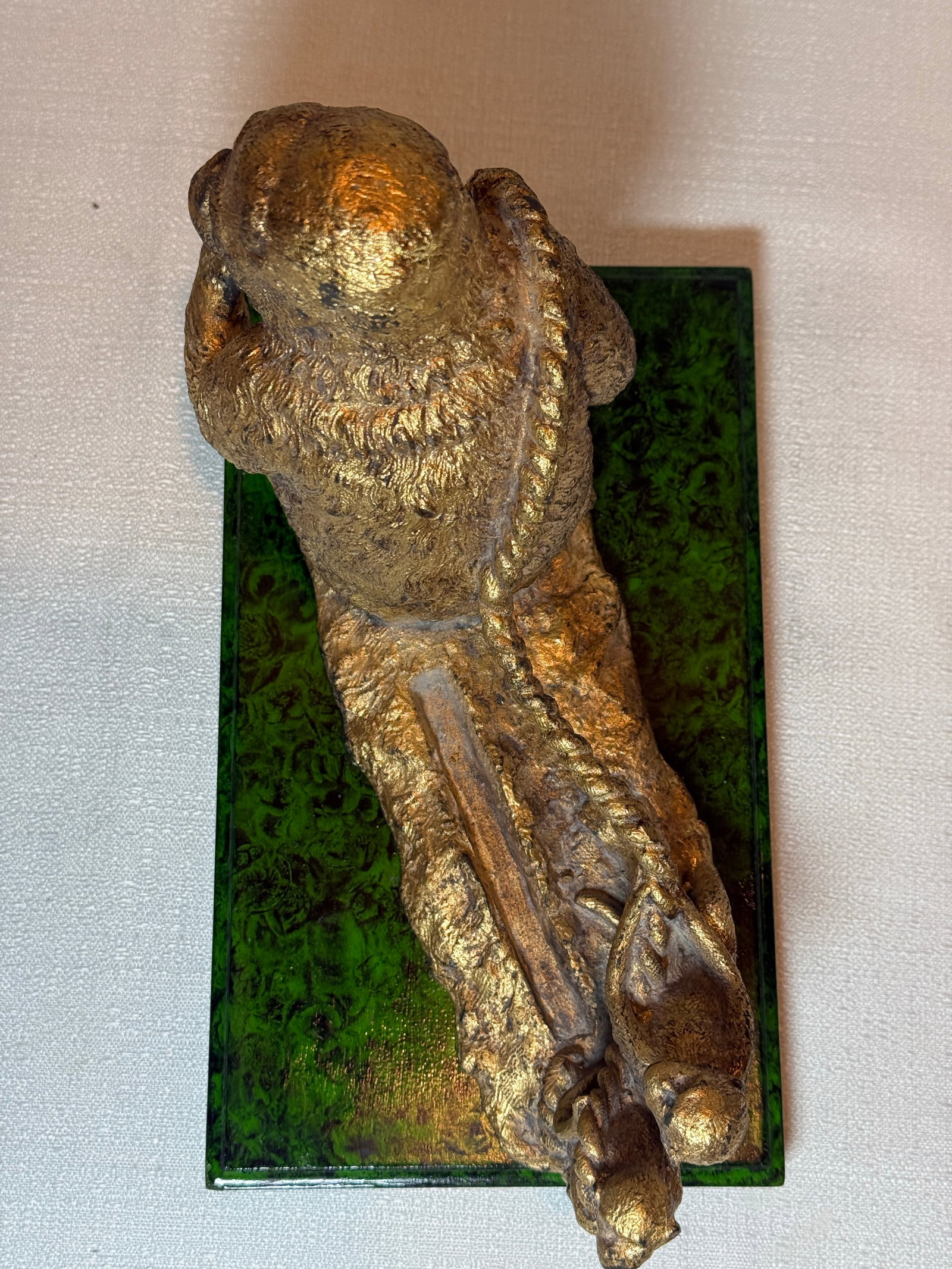 Mid Century "Monkey Business" Hand Gilt Faux Malachite Paper Weight / Card Holder Newly Painted - 12