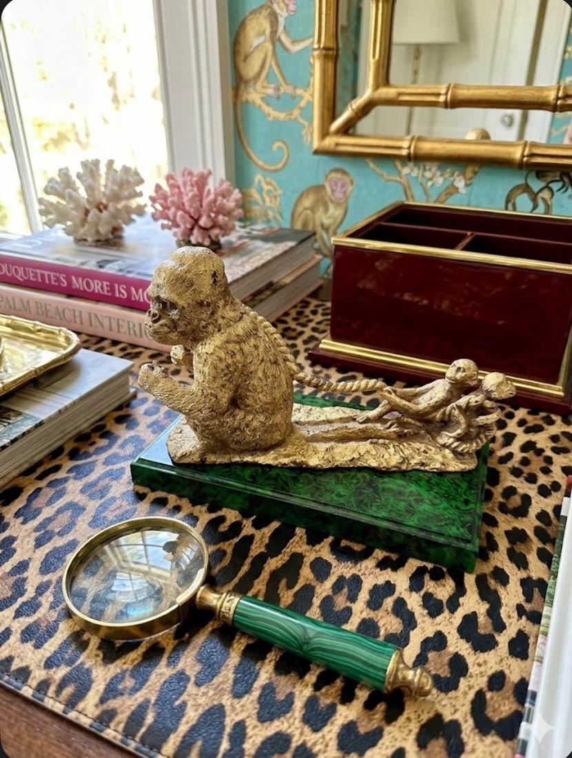 Mid Century "Monkey Business" Hand Gilt Faux Malachite Paper Weight / Card Holder Newly Painted - 2