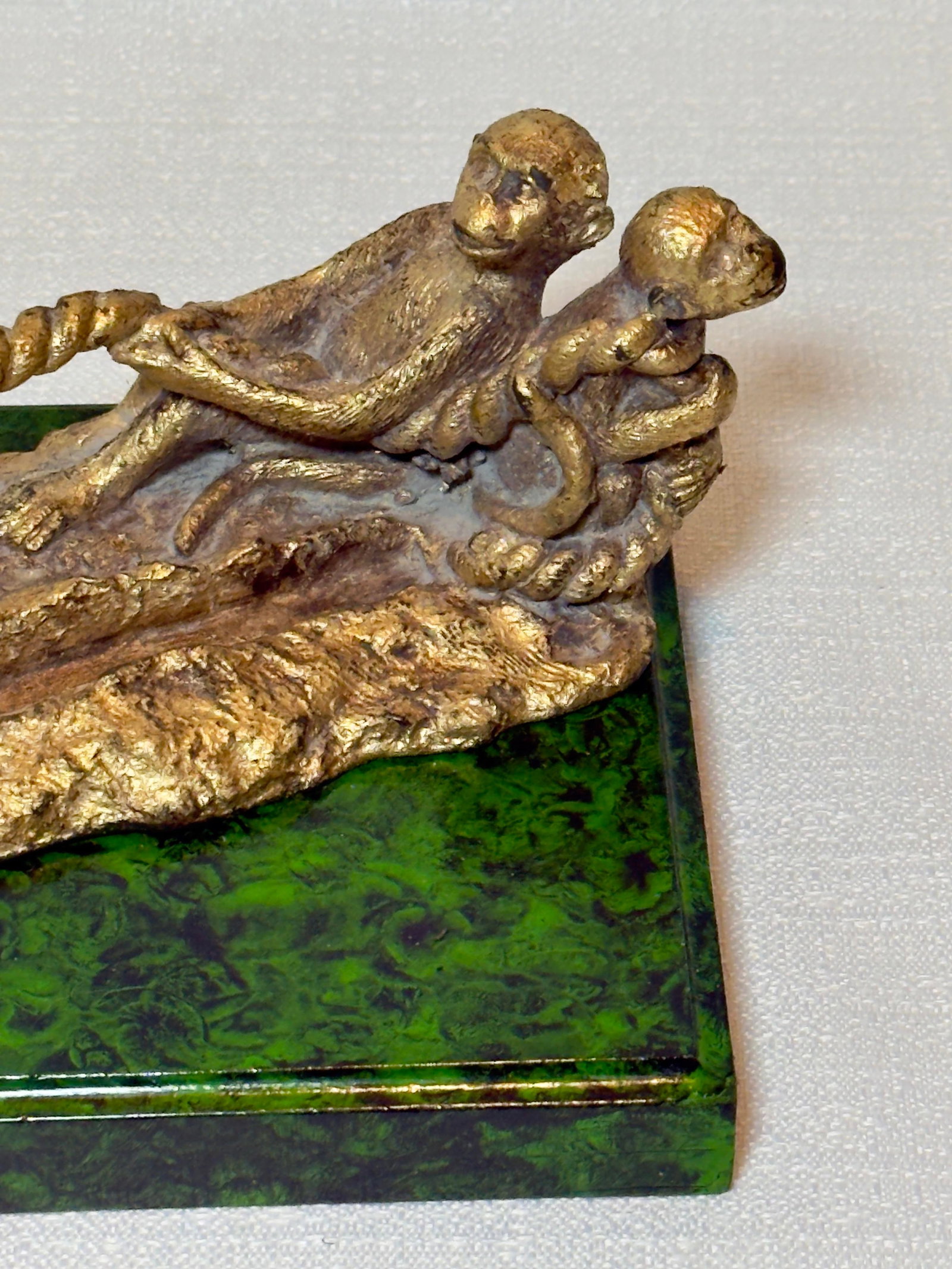 Mid Century "Monkey Business" Hand Gilt Faux Malachite Paper Weight / Card Holder Newly Painted - 4