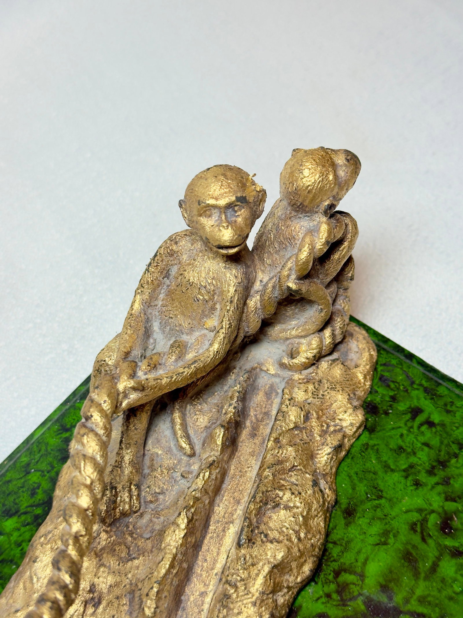 Mid Century "Monkey Business" Hand Gilt Faux Malachite Paper Weight / Card Holder Newly Painted - 6