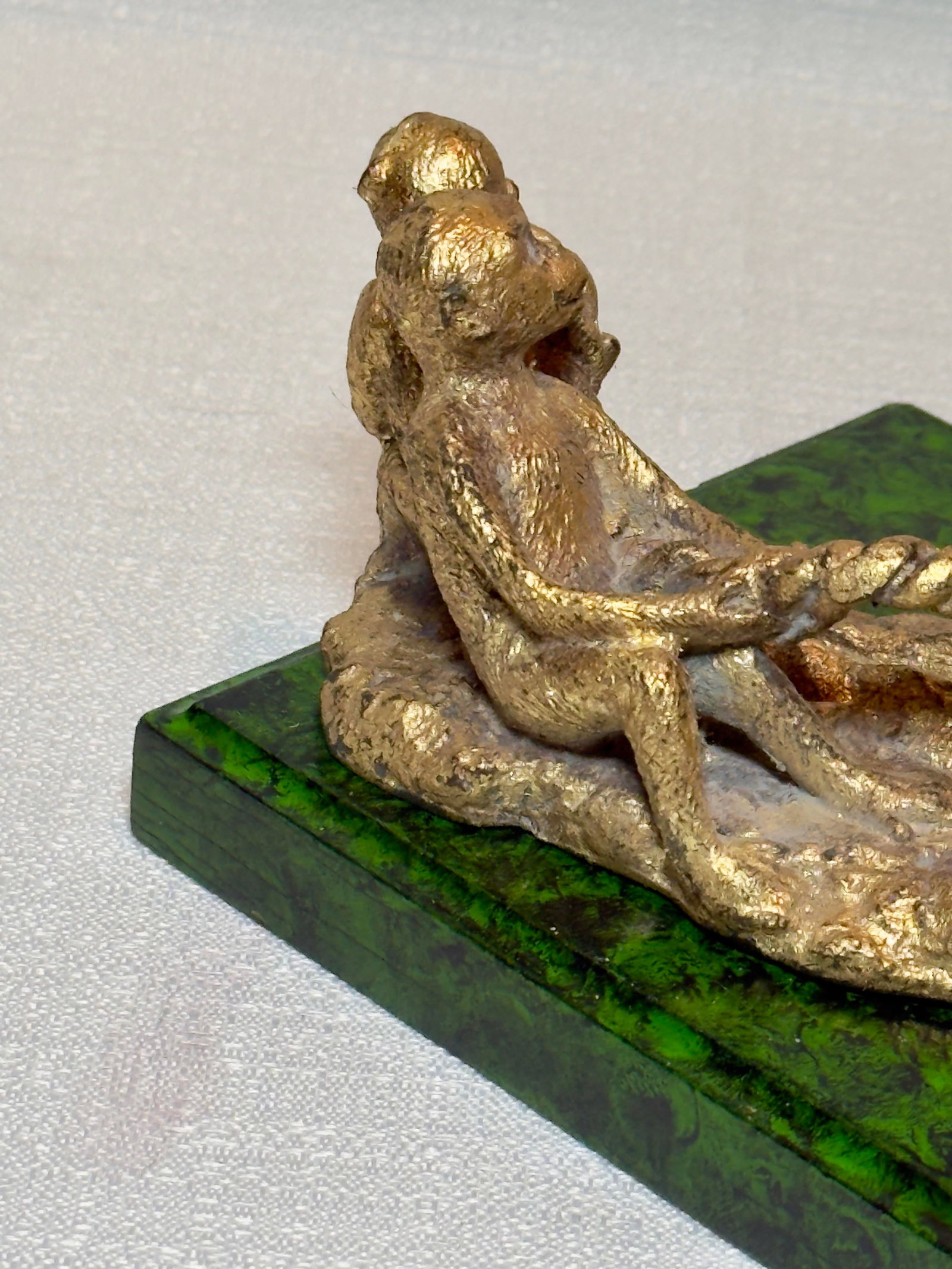 Mid Century "Monkey Business" Hand Gilt Faux Malachite Paper Weight / Card Holder Newly Painted - 7