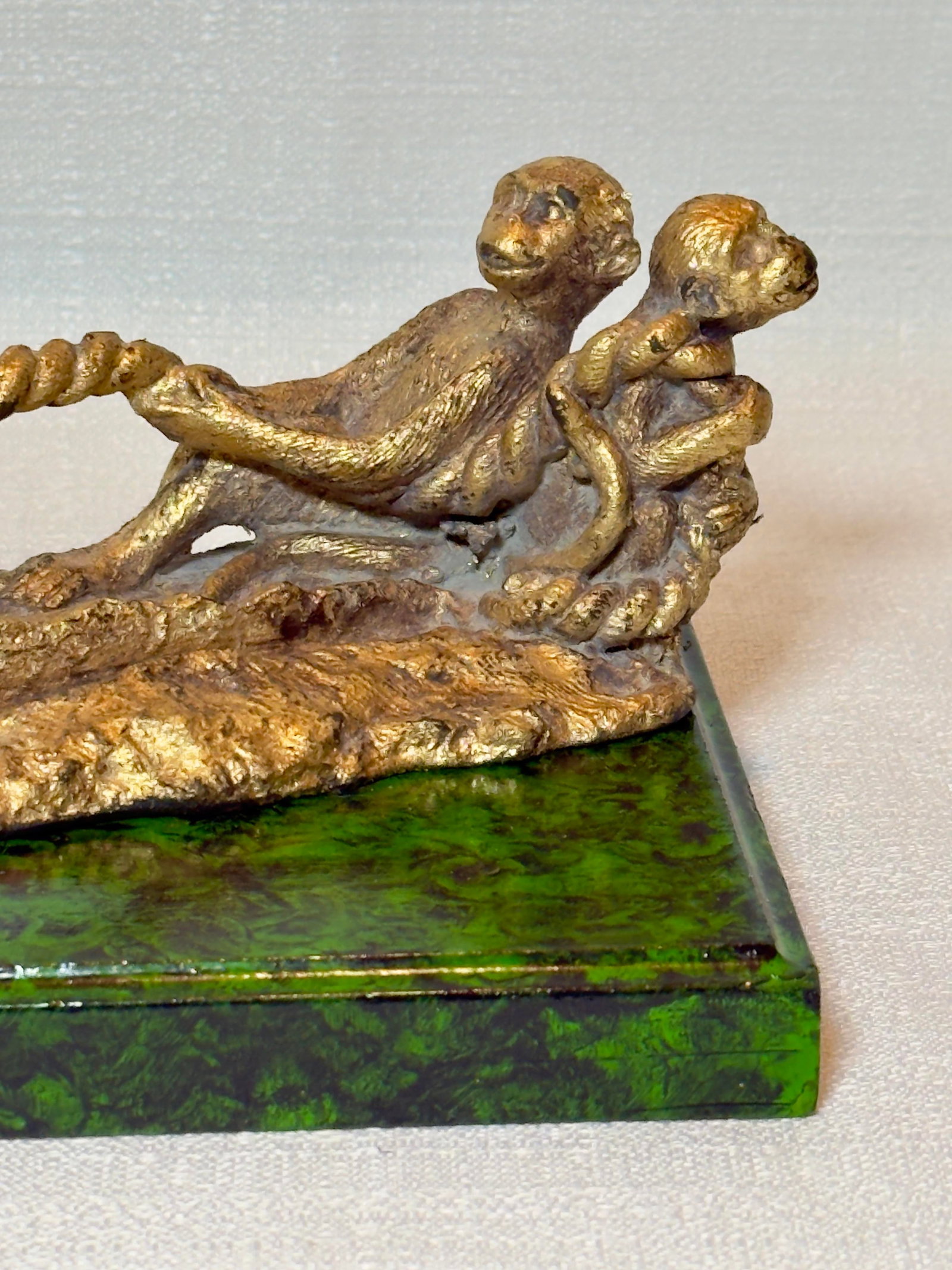 Mid Century "Monkey Business" Hand Gilt Faux Malachite Paper Weight / Card Holder Newly Painted - 8