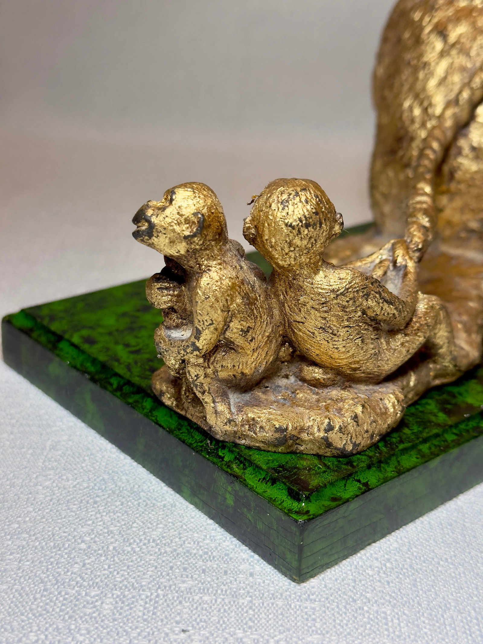 Mid Century "Monkey Business" Hand Gilt Faux Malachite Paper Weight / Card Holder Newly Painted - 9