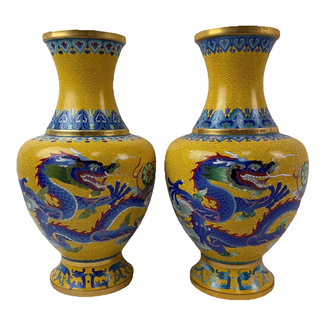 Pair Chinese Cloisonne Enamel Yellow Dragon Vases: Pair Chinese Cloisonne Yelow background Dragon Vases 15" inches Condition: Alterations: Original Condition Unaltered Imperfections: Some Imperfections Condition Notes: Signs of wear such as minor
