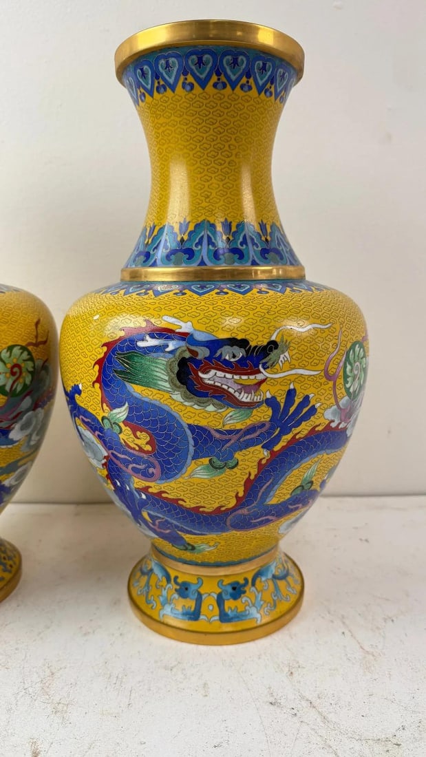 Pair Chinese Cloisonne Enamel Yellow Dragon Vases - 2
