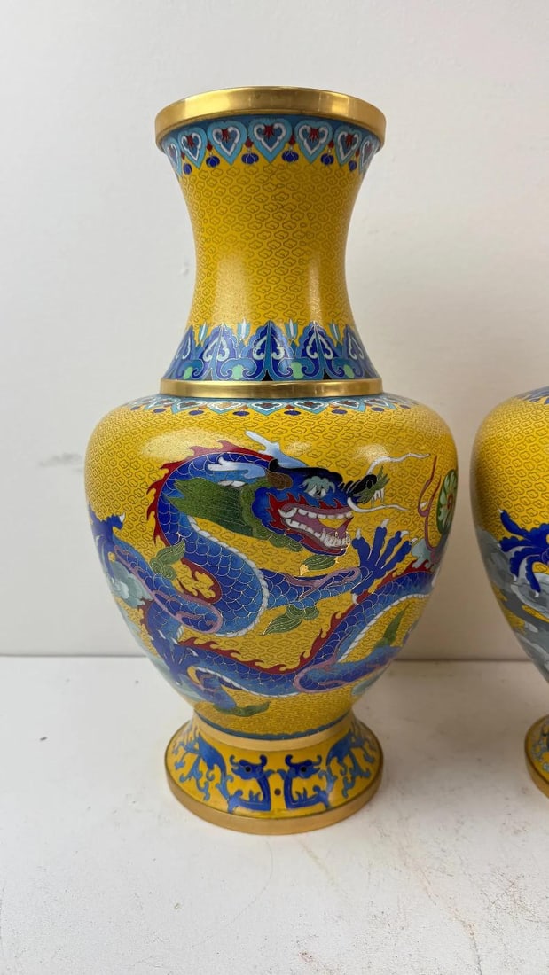 Pair Chinese Cloisonne Enamel Yellow Dragon Vases - 3