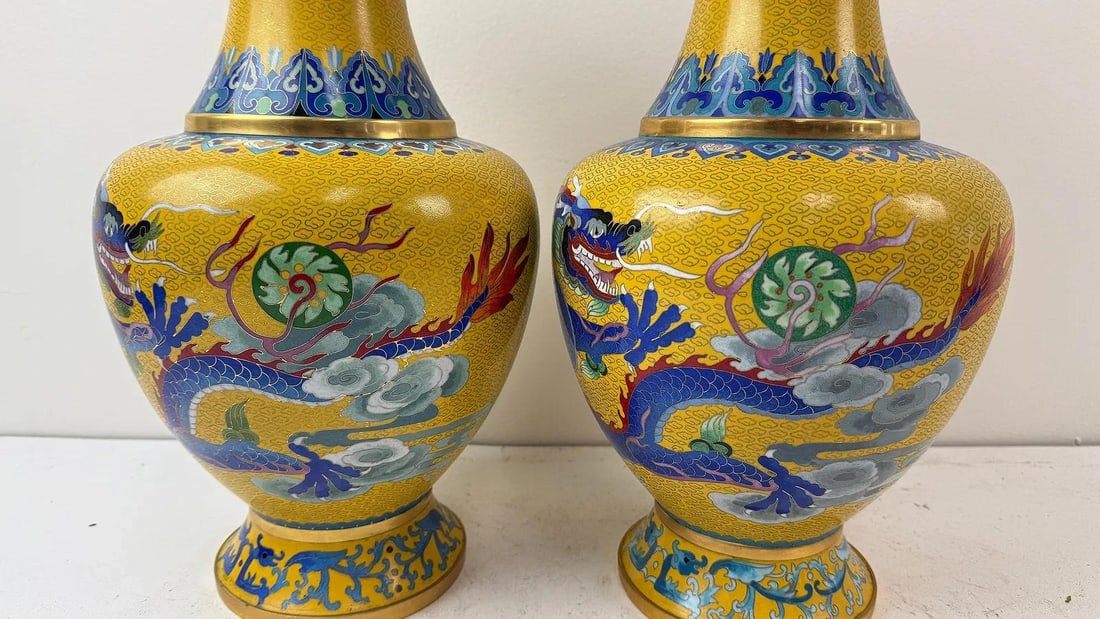 Pair Chinese Cloisonne Enamel Yellow Dragon Vases - 4
