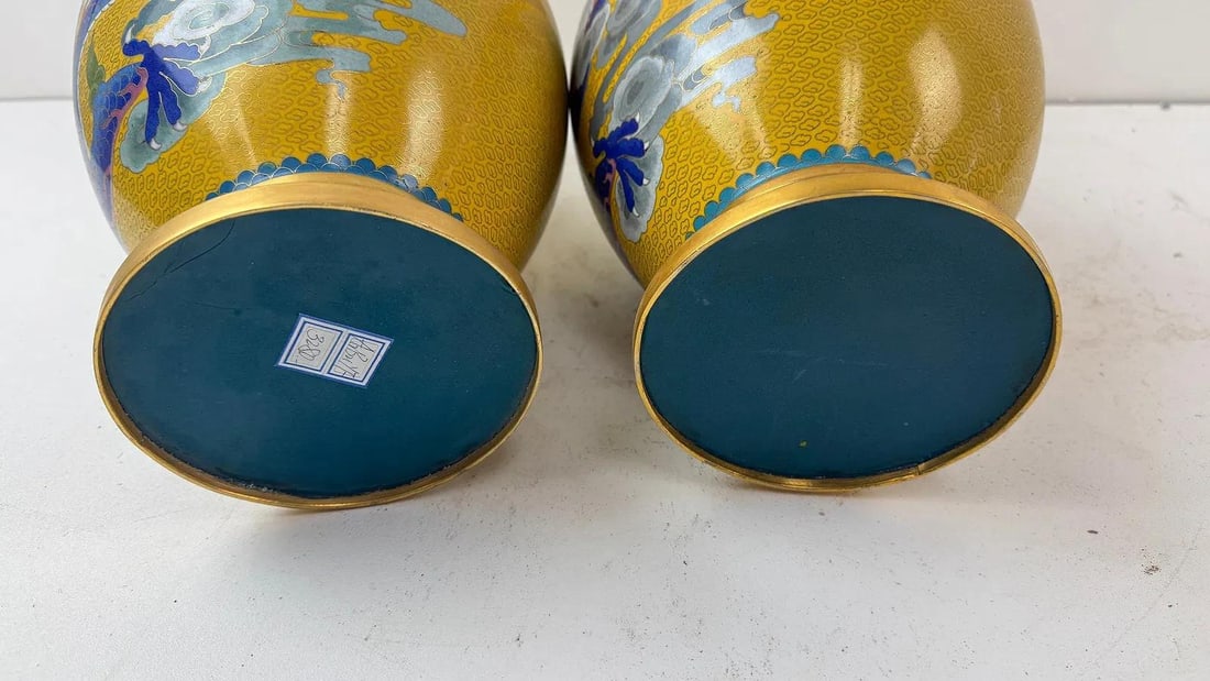 Pair Chinese Cloisonne Enamel Yellow Dragon Vases - 5