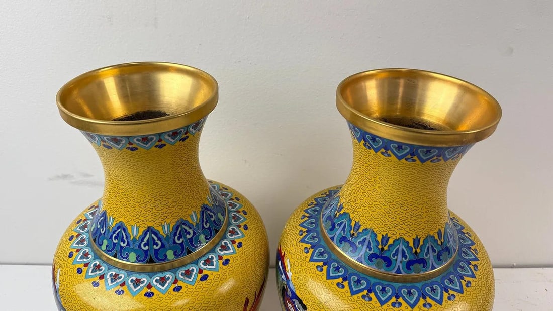 Pair Chinese Cloisonne Enamel Yellow Dragon Vases - 6