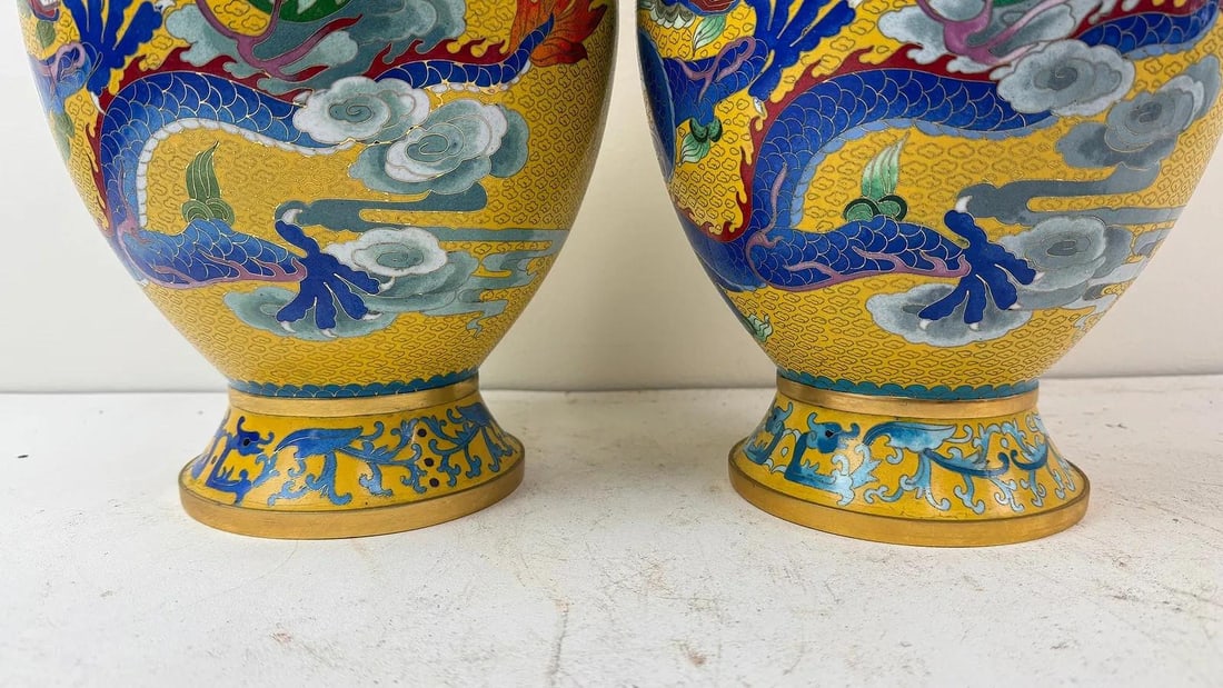 Pair Chinese Cloisonne Enamel Yellow Dragon Vases - 7