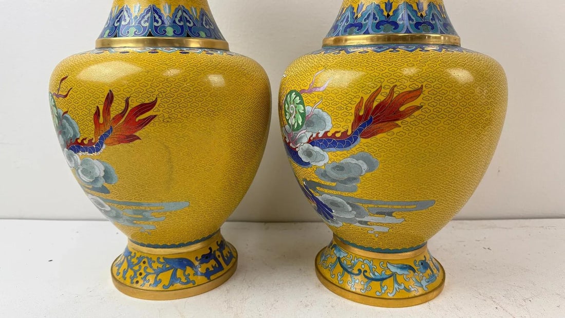 Pair Chinese Cloisonne Enamel Yellow Dragon Vases - 8