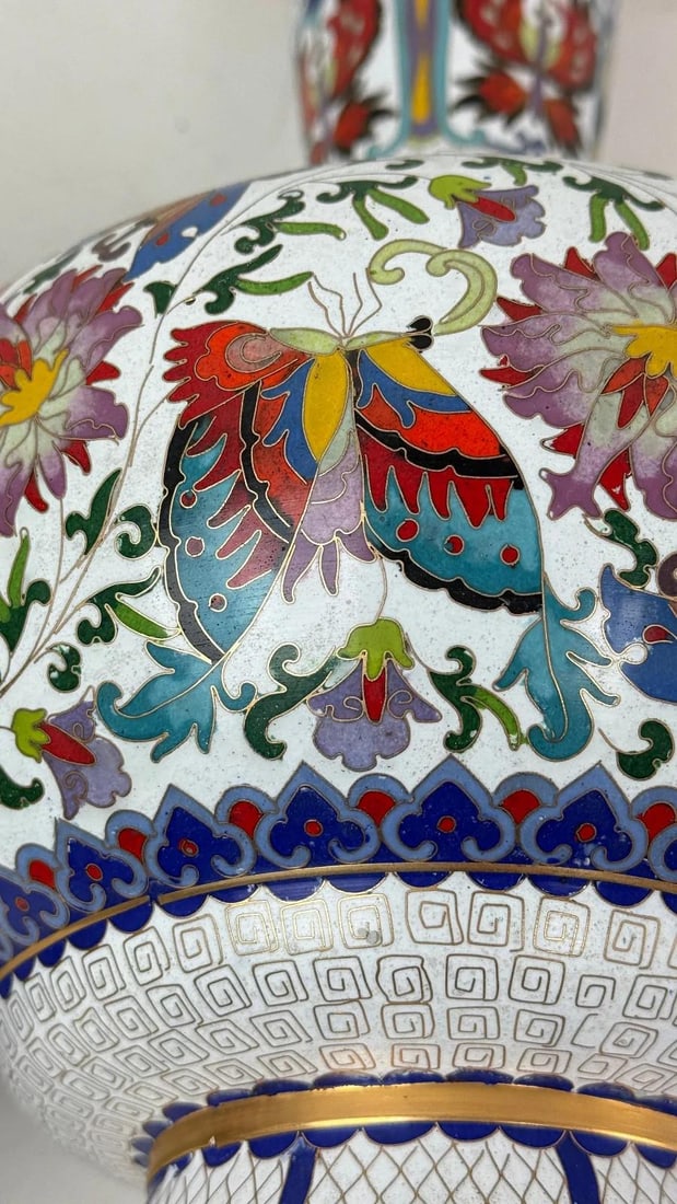 Pair of Chinese Cloisonne Enamel Vases Lotus White and Floral Butterflies - 10