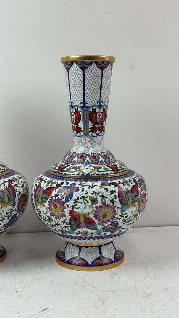 Pair of Chinese Cloisonne Enamel Vases Lotus White and Floral Butterflies - 2