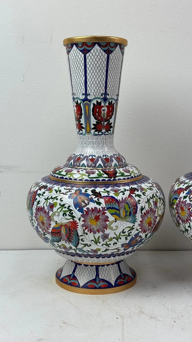 Pair of Chinese Cloisonne Enamel Vases Lotus White and Floral Butterflies - 3