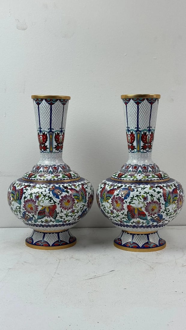 Pair of Chinese Cloisonne Enamel Vases Lotus White and Floral Butterflies - 5